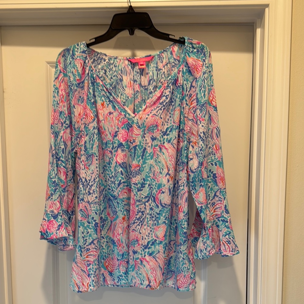 Lilly Pulitzer Blue and Pink Ruffled Bell Sleeve Blouse